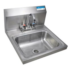 BKHS-D-1410-P-G BK Hand Sink Wall Mounted 13-3/4 W X 10 D X 5 Deep Bowl Size 1-7/8 Basket Drain With Crumb Cup 4 Oc Deck Mount Standard Duty 3-1/2 Gooseneck Spout Color Coded Hot And Cold Indicators 1/4 Turn Ceramic Cartridges Wall Bracket Included 304 Stainless Steel Nsf Not Available With Wrist Blade Handles ,