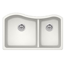 Meticulously crafted in Europe from a proprietary combination of materials our 32-1/2 in. x 20 in. 60/40 bowl quartz kitchen sink features a thru-body alpine white color. Perfect for both new construction or remodels the undermount style pairs beautifully with any solid surface countertop. Rounded corners paired with an ultra smooth non-porous surface make clean up as simple as wiping with a sponge mild soap and water. ,