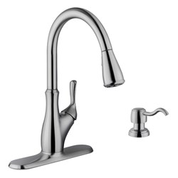 Transitional Single Handle Pull-Down Kitchen Faucet with Soap Dispenser in Brushed Nickel ,