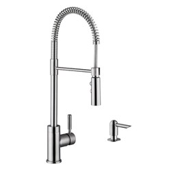 A must-have for home chefs everywhere our industrial single handle pull-down kitchen faucet in brushed nickel creates a focal point for any style kitchen. The convenient pull-out sprayer features two modes: aerated and full. An optional deck plate accommodates both 1 or 3-hole sinks making installation a breeze. With a flow rate of 1.8 gallons per minute (GPM at 80 psi you&#39;ll have enough water pressure to tackle even the toughest chores. Includes a coordinating soap dispenser. ,