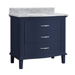 The perfect solution for traditional bathroom remodels or new construction, the engineered stone top and gentle curves of our Mira 36 in. vanity in midnight blue fuse enduring elements of classic design and graceful femininity. Installed as a freestanding cabinet, the solid construction and thoughtful features provide smart storage solutions for the most-used room in the house. Vanity comes pre-assembled, complete with a pre-drilled vanity top ready for the installation of your favorite faucet. ,
