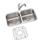 Dayton Stainless Steel 31-3/4" x 18-1/4" x 8", Equal Double Bowl Undermount Sink and Faucet Kit with Bottom Grid Dayton, lead reduction, reduces lead, lead removal, reduce lead, lead free, no lead, low lead, leadfree, lead-free, NSF372, NSF 372, NSF, Lead