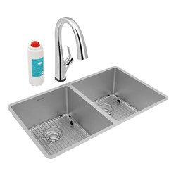 Elkay Crosstown 18 Gauge Stainless Steel 31-1/2" x 18-1/2" x 9", Equal Double Bowl Undermount Sink Kit with Filtered Faucet ,