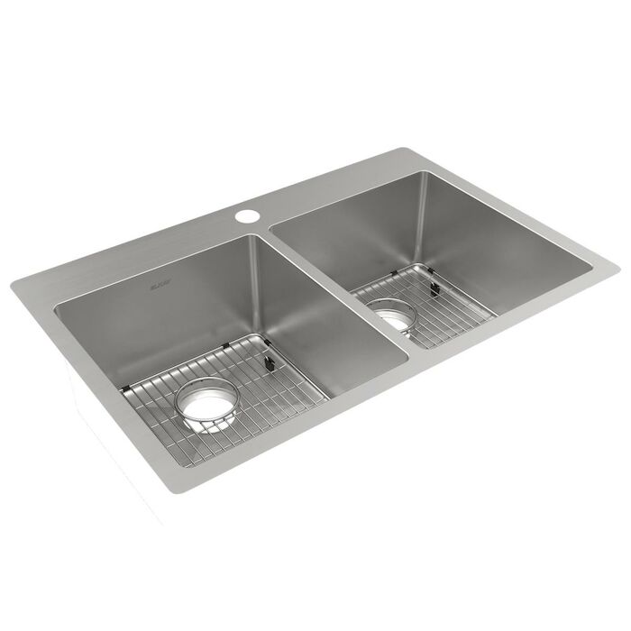 Crosstown 18 Gauge Stainless Steel 33" x 22" x 9", 1-Hole Equal Double Bowl Dual Mount Sink Kit Crosstown, 3322, 33x22, 33 x 22, rear drain, offset drain, off set drain, ECTSR33229BG1