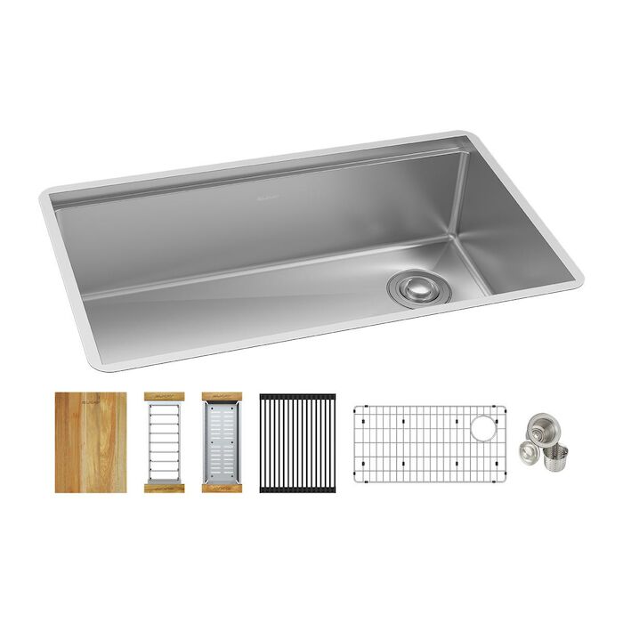 Crosstown 16 Gauge Workstation Stainless Steel 31-1/2" x 18-1/2" x 9", Single Bowl Undermount Sink Kit AVADO, rear drain, offset drain, off set drain