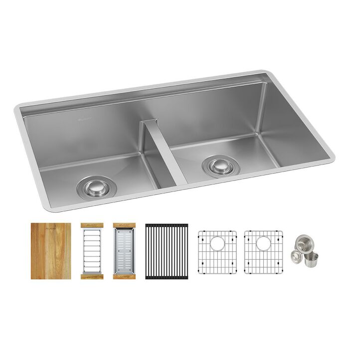 Crosstown 16 Gauge Workstation Stainless Steel, 31-1/2" x 18-1/2" x 9" Equal Double Bowl Sink Kit with Aqua Divide AVADO, rear drain, offset drain, off set drain