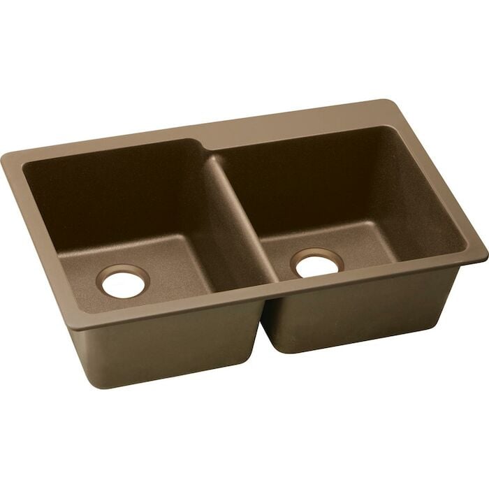 Quartz Clsic 33" x 22" x 9-1/2", Offset Double Bowl Drop-in Sink, Mocha 33x22, rear drain, Granite Sink, e-Granite, eGranite, Quartz Sink, Composite Sink, Brown Sink