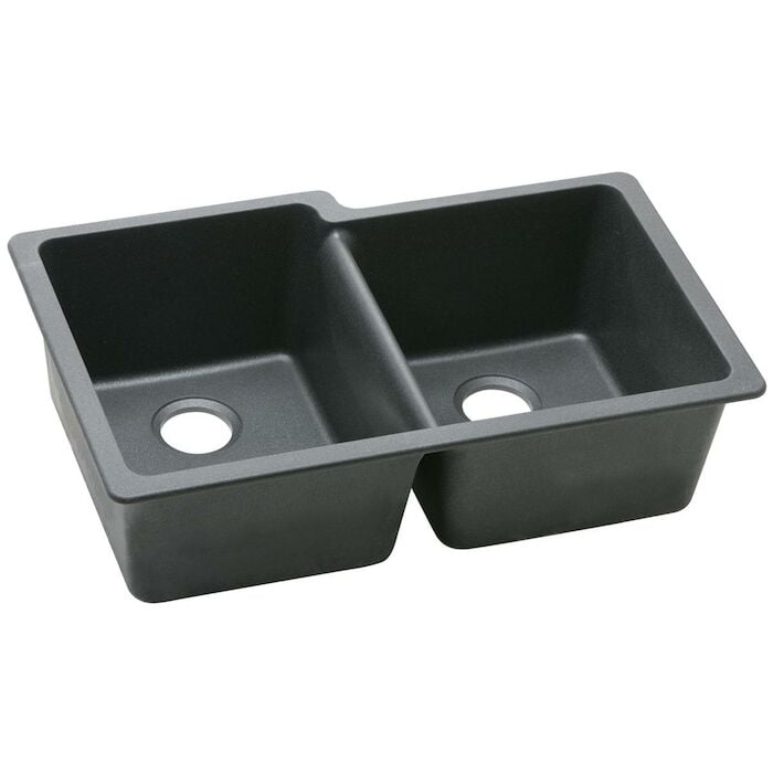 Quartz Clsic 33" x 20-1/2" x 9-1/2", Offset Double Bowl Undermount Sink, Black rear drain, Granite Sink, e-Granite, eGranite, Quartz Sink, Composite Sink, Black Sink