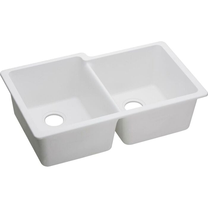 Quartz Clsic 33" x 20-1/2" x 9-1/2", Offset Double Bowl Undermount Sink, White rear drain, Granite Sink, e-Granite, eGranite, Quartz Sink, Composite Sink, White Sink