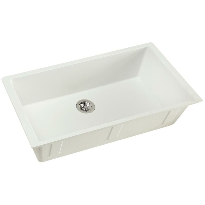 Quartz Luxe 35-7/8" x 19" x 9" Single Bowl Undermount Kitchen Sink with Perfect Drain, Ricotta rear drain, Granite Sink, e-Granite, eGranite, Quartz Sink, Composite Sink, White Sink