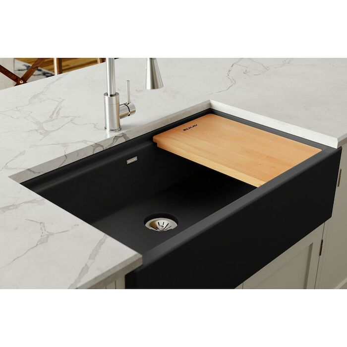 Quartz Luxe 35-7/8 x 21-9/16 x 9 Single Bowl 10" Apron Farmhouse Workstation Sink with Perfect Drain, Caviar rear drain, Granite Sink, e-Granite, eGranite, Quartz Sink, Composite Sink, Apron Front, Farm House Sink, Black Sink