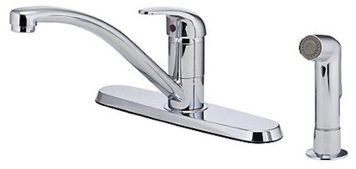 Pfirst Series 1-Handle Kitchen Faucet with Side Spray in Polished Chrome 4 HOLE