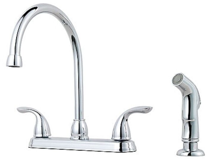 Pfirst Series 2-Handle Kitchen Faucet with Side Spray in Polished Chrome 4 HOLE