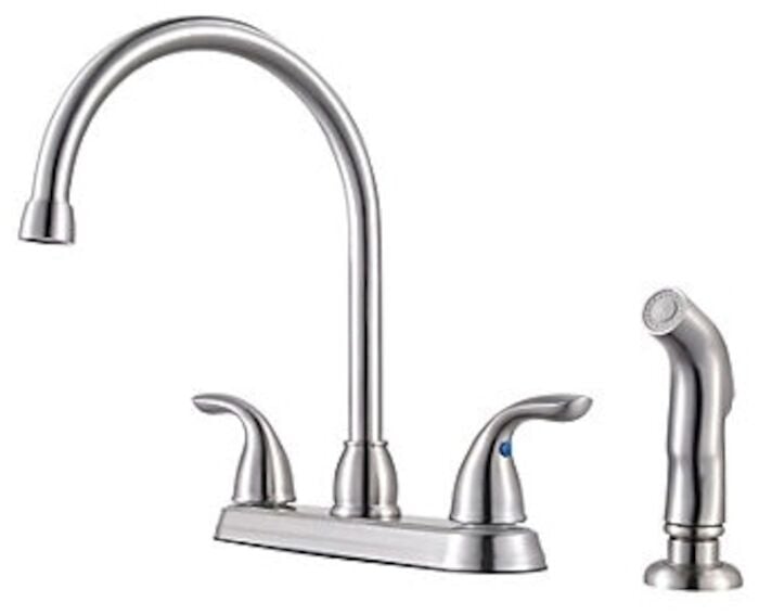 Pfirst Series 2-Handle Kitchen Faucet with Side Spray in Stainless Steel 4 HOLE