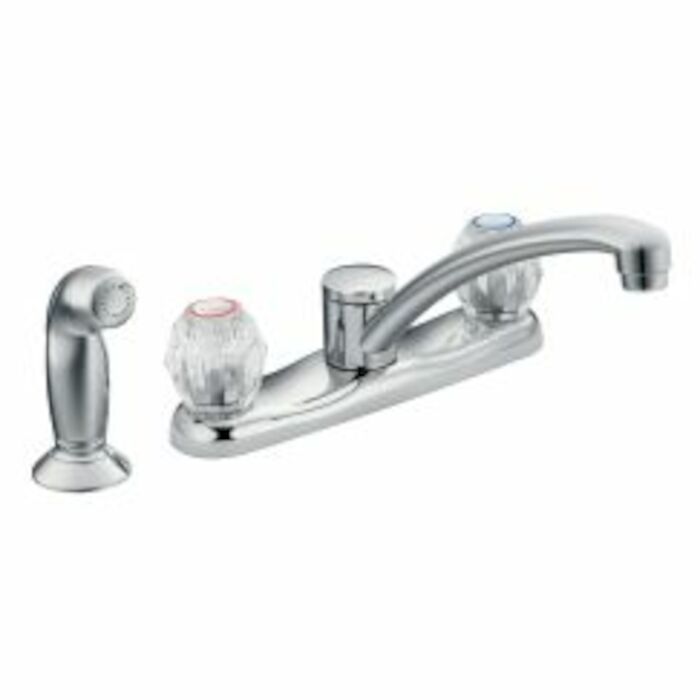 7910 Chateau 2-Handle Low-Arc Standard Kitchen Faucet With Side Sprayer On Deck And Duralock Installation In Chrome MOEN Chateau Two Handle Kitchen Faucet Featuring Hydrolock Installation in Chrome 7910