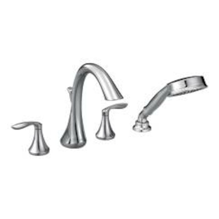 T944 Eva 2-Handle Deck-Mount Roman Tub Faucet Trim Kit With Handshower In Chrome Valve Not Included RIDGID, Eva, High Arc, Roman Tub, Faucet, Hand Shower, Chrome Finish, Bathroom Faucets, Bathroom Fixtures, Bathroom Plumbing