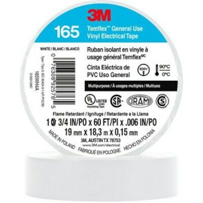 165WH4A 3M Temflex Vinyl Electrical Tape 165 White 3/4 in x 60 ft (19 mm x 18 m) 6 mil 100s/Case 