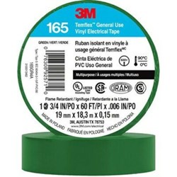 165GR4A 3M Temflex Vinyl Electrical Tape 165 Green 3/4 in x 60 ft (19 mm x 18 m 6 mil 100 Rolls/Case ,1700C-GREEN-3/4X66F,GET,3MET,50651,1700C